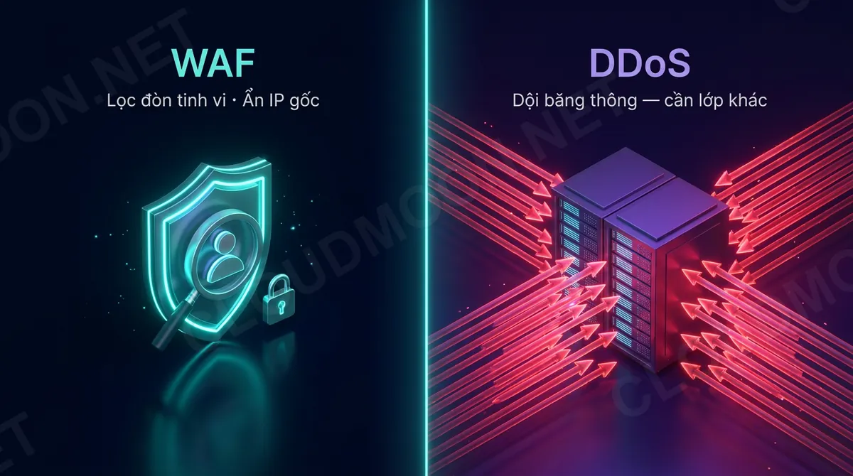 WAF lọc đòn tấn công tinh vi ở tầng ứng dụng và ẩn IP gốc, khác với chống DDoS băng thông lớn