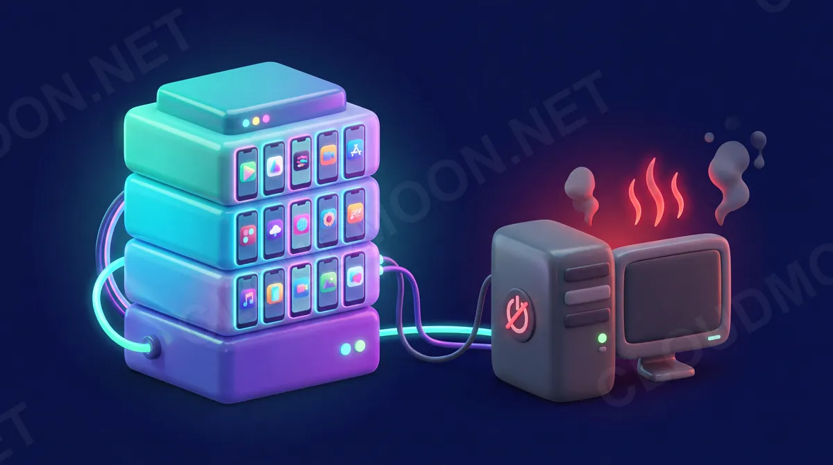 VPS chạy nhiều giả lập Android 24/7 so với máy tính ở nhà đang tắt và nóng ran