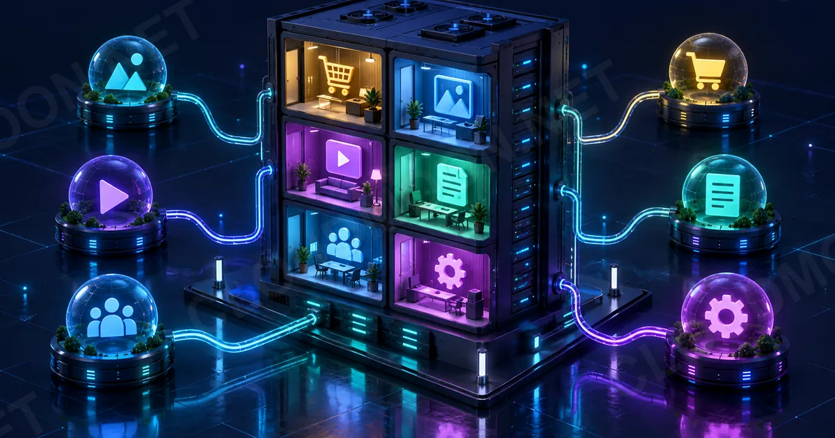 Một VPS chứa nhiều website nhỏ độc lập trong các không gian được tách riêng