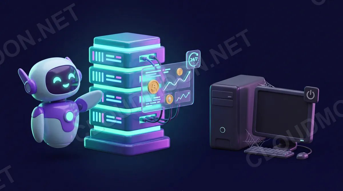 Bot giao dịch chạy trên VPS kết nối sàn crypto 24/7 so với máy tính ở nhà bị tắt bỏ lỡ giao dịch