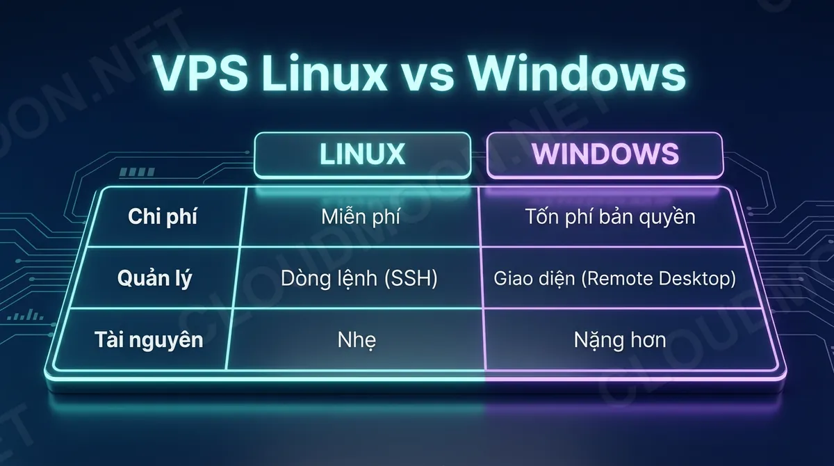 Bảng so sánh VPS Linux và VPS Windows