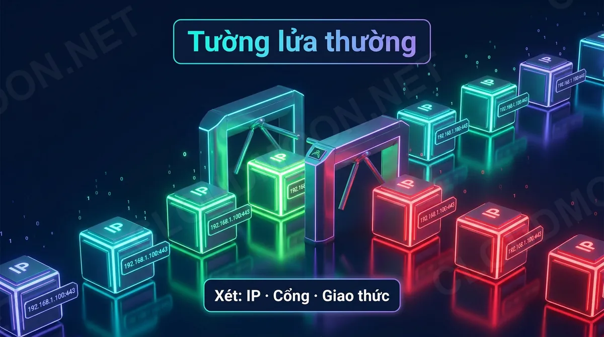 Tường lửa thường hoạt động ở tầng mạng: xét địa chỉ IP, cổng và giao thức như cổng soát vé