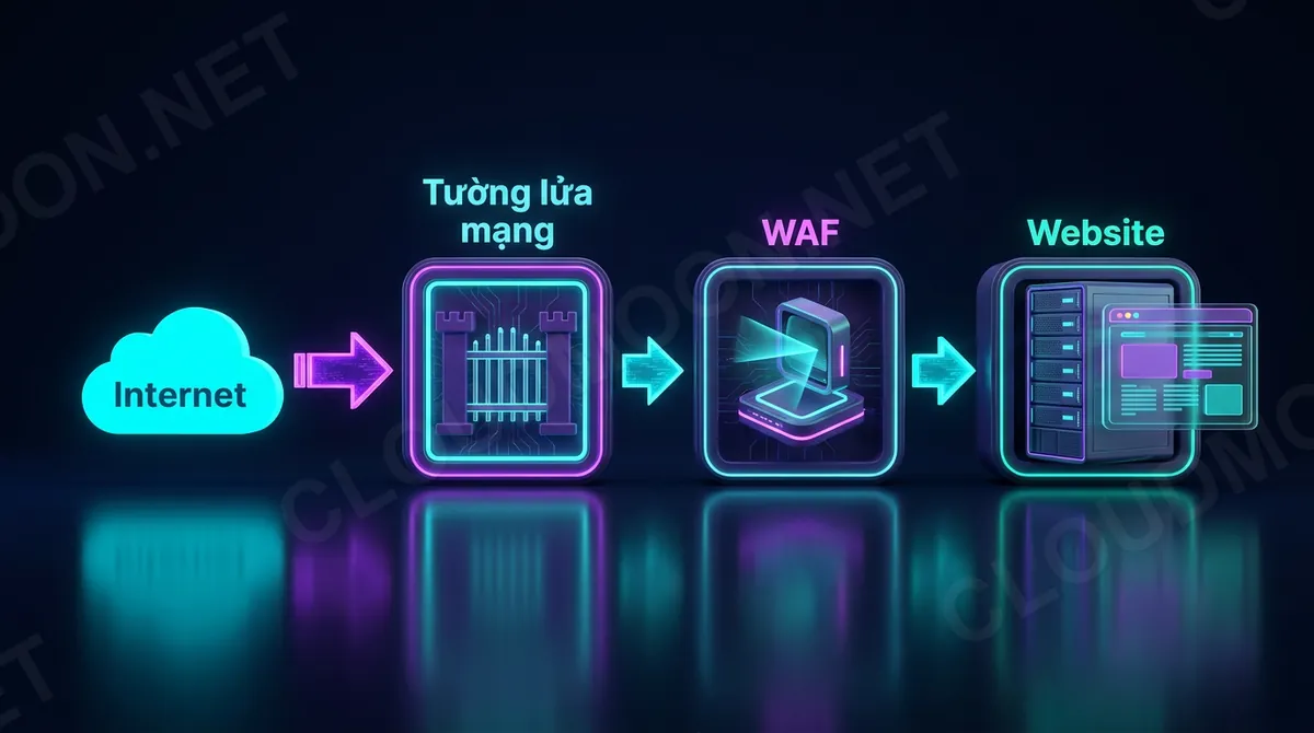 Firewall và WAF là hai lớp bổ sung: tường lửa mạng canh cửa mạng, WAF canh nội dung website