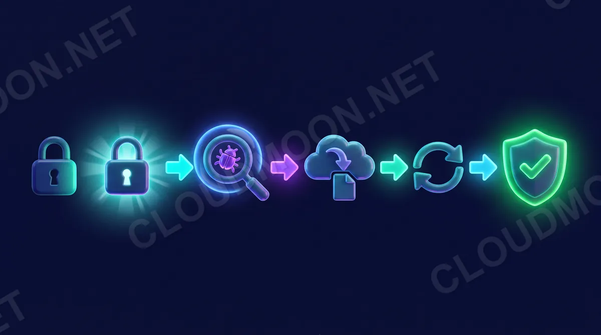 Dòng chảy các bước cứu web: ổ khóa đổi mật khẩu, kính lúp quét mã độc, mũi tên khôi phục từ đám mây sao lưu, cập nhật vá lỗ hổng và khiên xanh an toàn