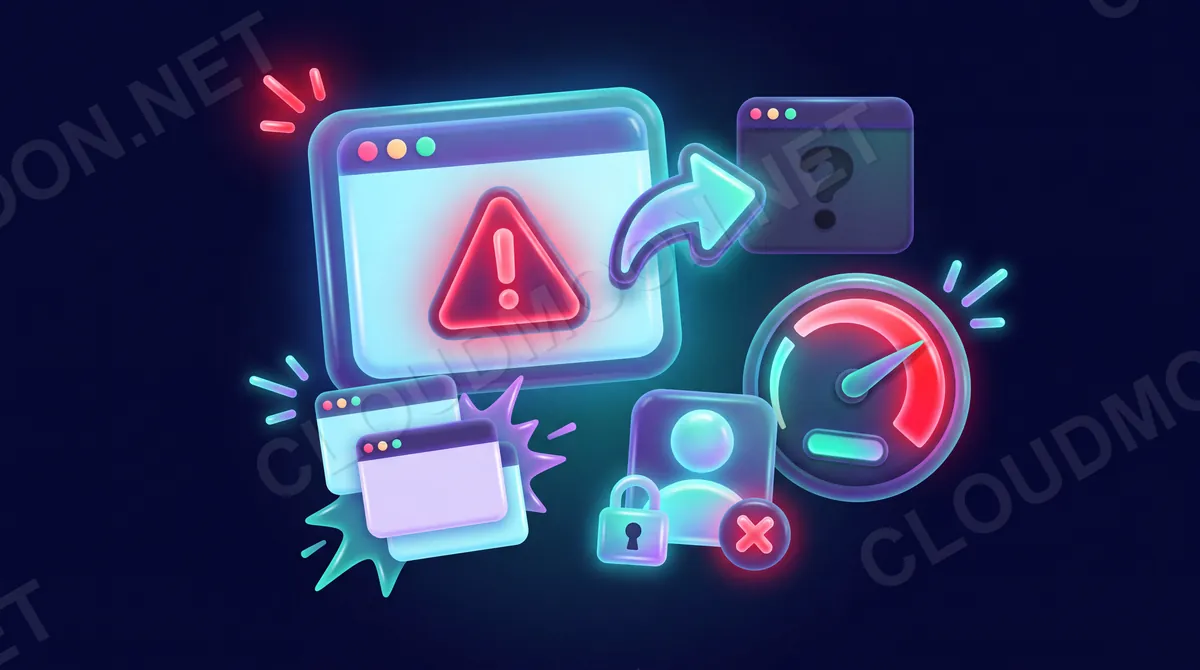 Cụm dấu hiệu web bị hack: trình duyệt cảnh báo đỏ, mũi tên chuyển hướng trang mờ ám, pop-up lạ, khóa tài khoản admin, đồng hồ tài nguyên vọt đỏ