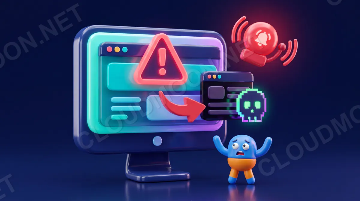 Màn hình website hiện dấu hiệu bị tấn công: cảnh báo đỏ, mũi tên chuyển hướng trang lạ, biểu tượng mã độc và chuông báo động đang reo