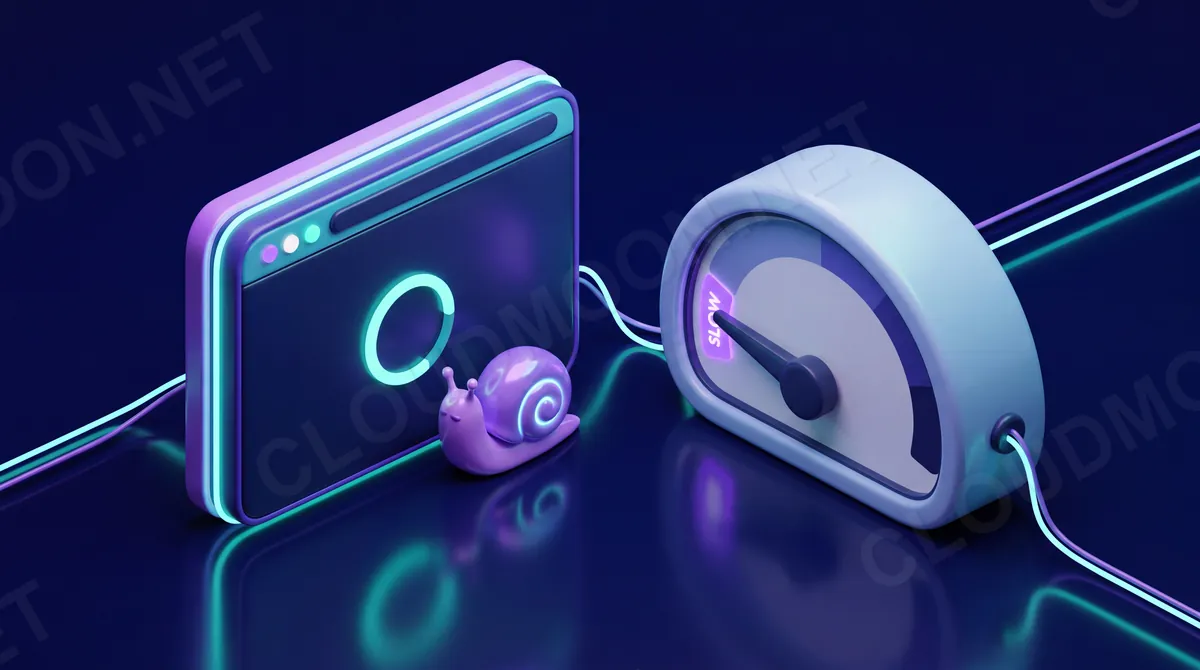 Trang web tải chậm với biểu tượng ốc sên và đồng hồ tốc độ ở mức chậm
